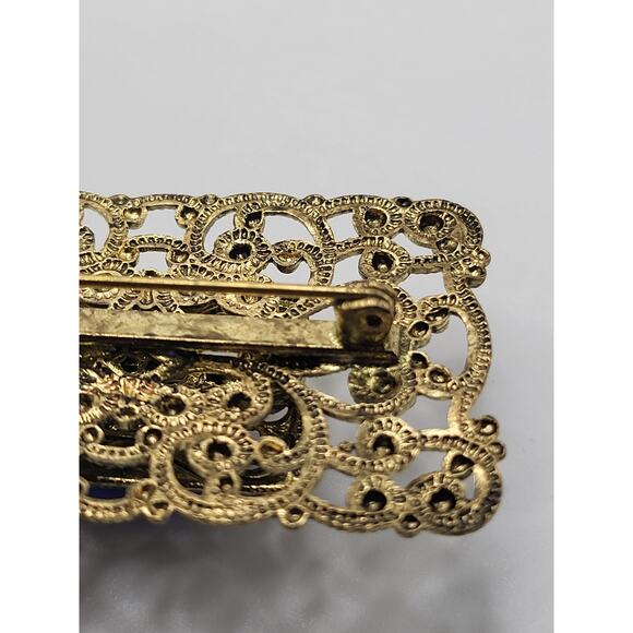 Vintage Gold Tone Filigree Brooch Blue Glass Stone Art Nouveau Style - Picture 6 of 7